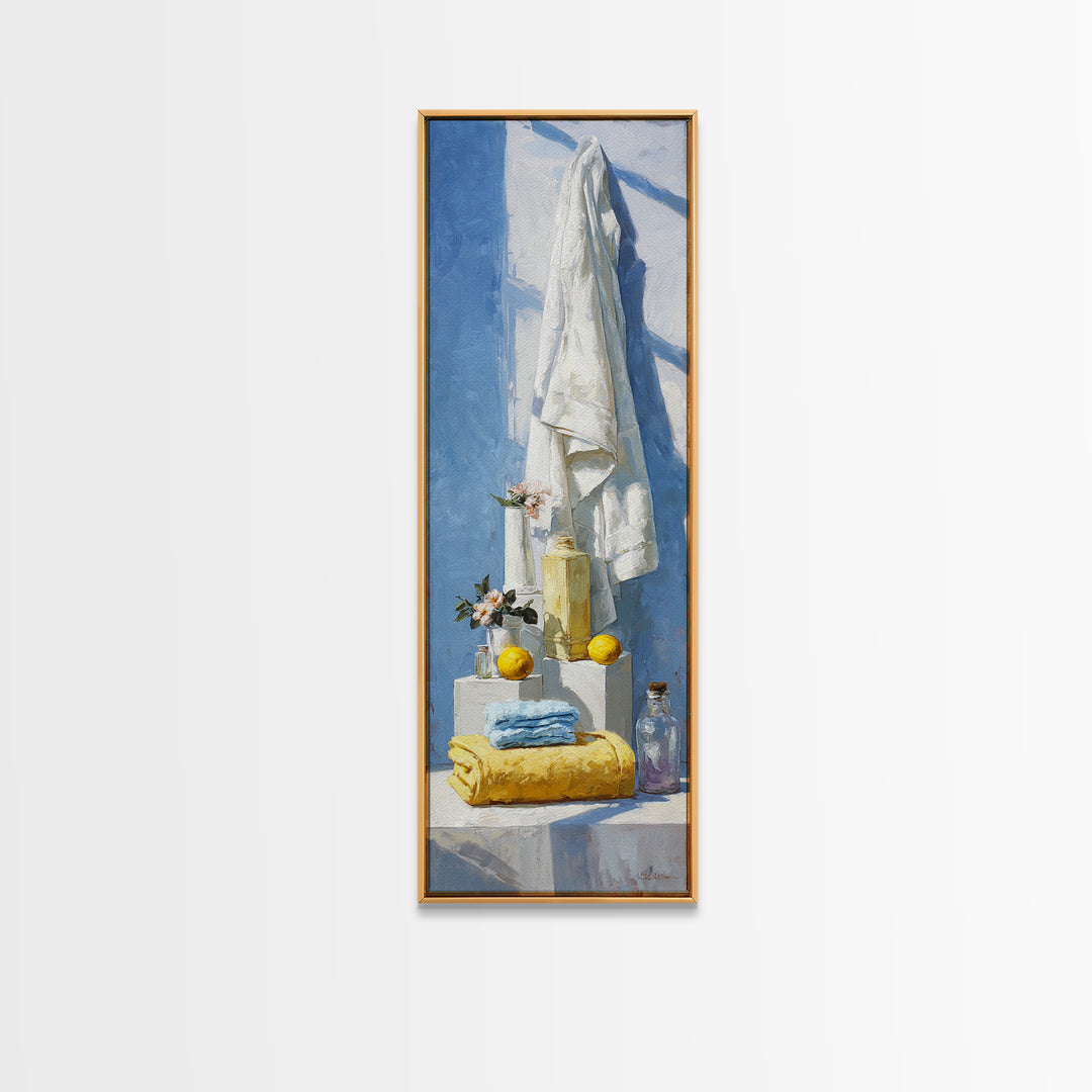 Lemon and Clean Linen Still Life Framed Canvas Print, Laundry Room Art, Living Room Decor, Abstract Art, Clean, LRA-1x3-87