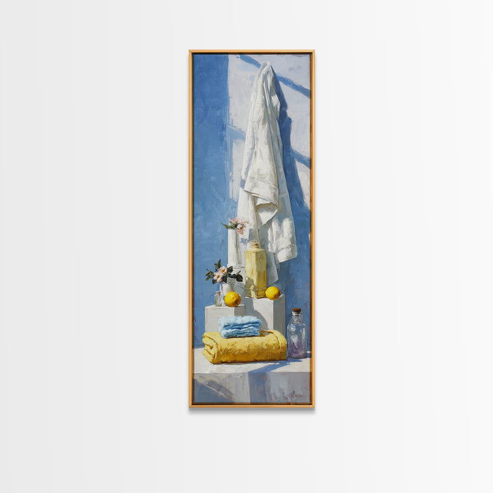 Lemon and Clean Linen Still Life Framed Canvas Print, Laundry Room Art, Living Room Decor, Abstract Art, Clean, LRA-1x3-87