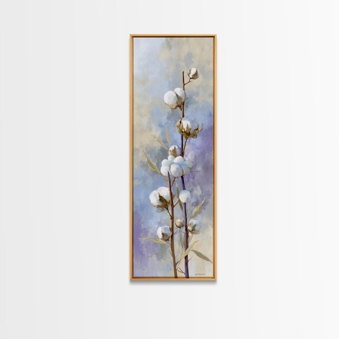 Fresh Cotton Branch Botanical Study Framed Canvas Print, Laundry Room Art, Gallery Wall Prints, Living Room Decor, Clean, LRA-1x3-91