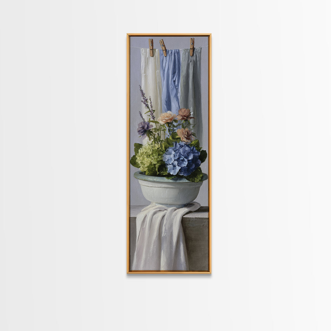 Old Enamel Basin Filled Framed Canvas Print, Laundry Room Art, Retro Wall Art, Living Room Decor, Clean, Digital Art Print, LRA-1x3-92