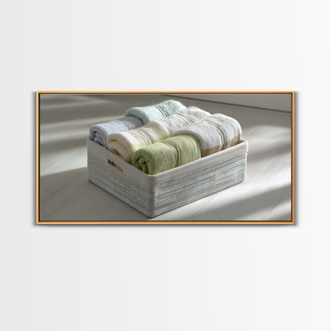 Basket of Folded Towels Framed Canvas Print, Laundry Room Art, Art Print, Living Room Decor, Fine Art, Clean, Artwork, LRA-2x1-10