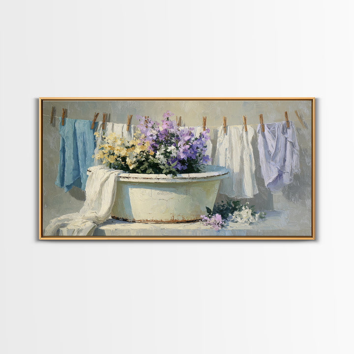 Old Enamel Basin Filled Framed Canvas Print, Laundry Room Art, Farmhouse Wall Art, Living Room Decor, Oil Painting, Clean, LRA-2x1-100