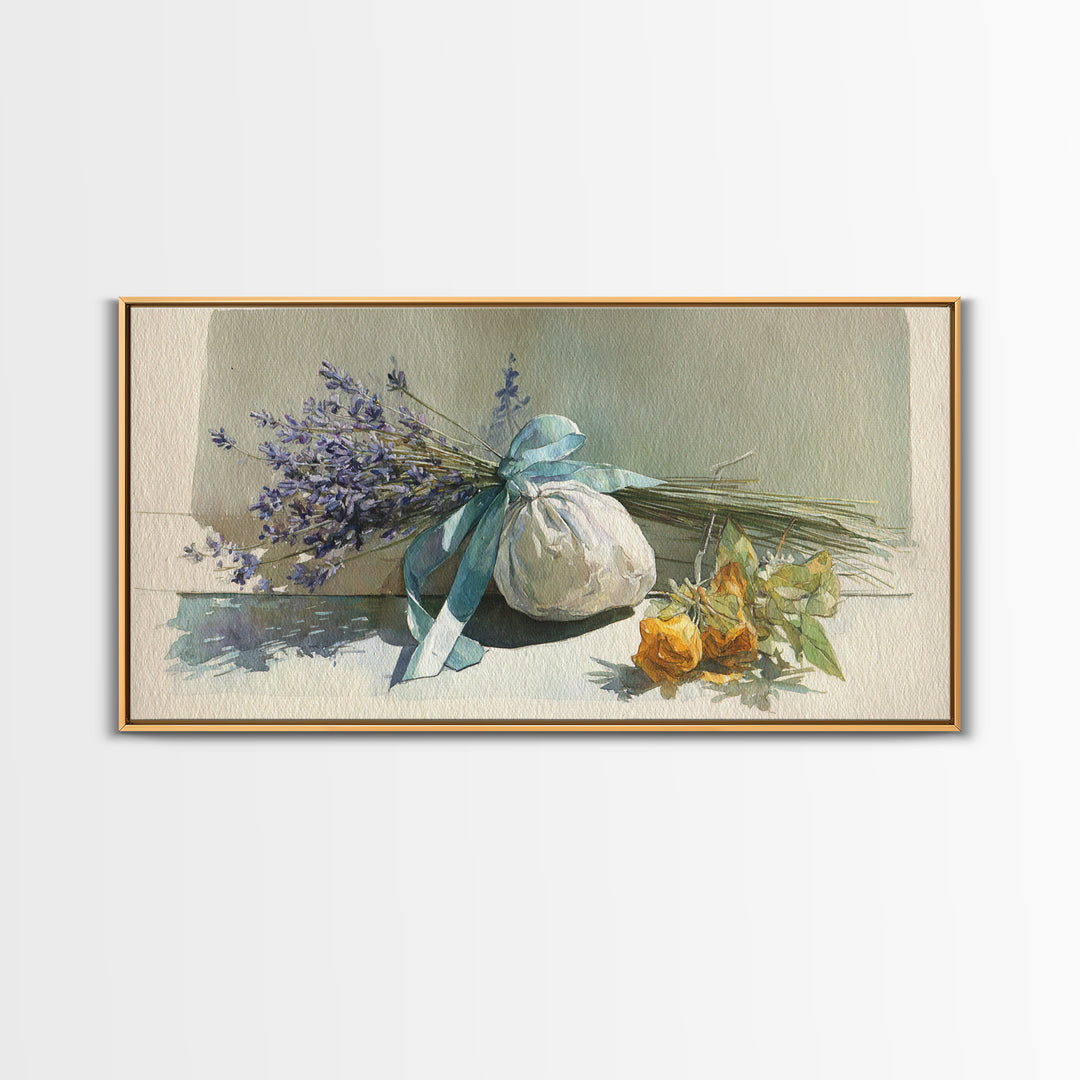 Lavender Sachet and Ribbon Still Life Framed Canvas Print, Laundry Room Art, Minimalist Decor, Living Room Decor, Clean, LRA-2x1-13