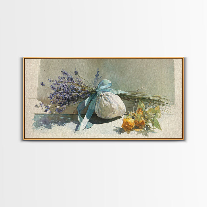 Lavender Sachet and Ribbon Still Life Framed Canvas Print, Laundry Room Art, Minimalist Decor, Living Room Decor, Clean, LRA-2x1-13