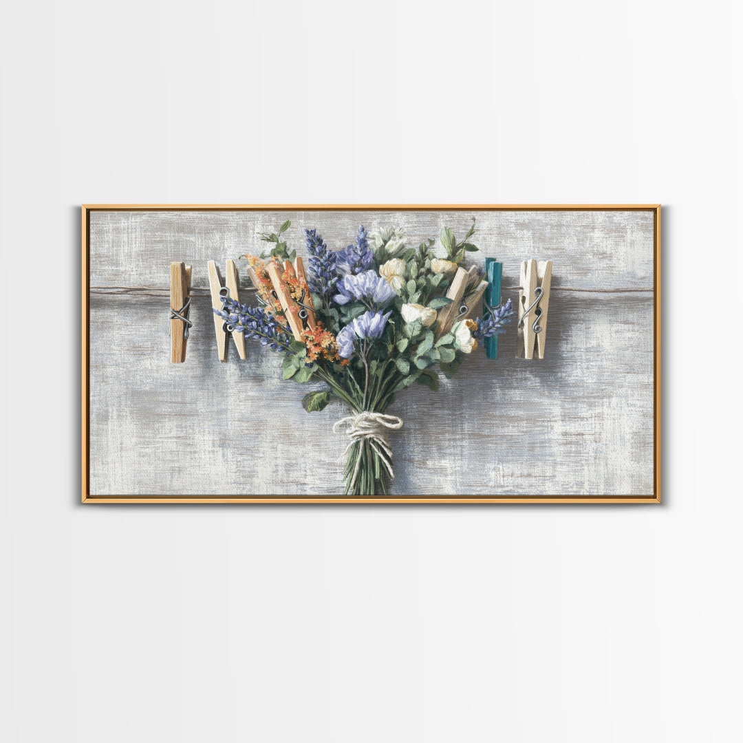 Clothespin Bouquet in Folk Art Style Framed Canvas Print, Laundry Room Art, Fine Art Print, Living Room Decor, Fine Art, Clean, LRA-2x1-16