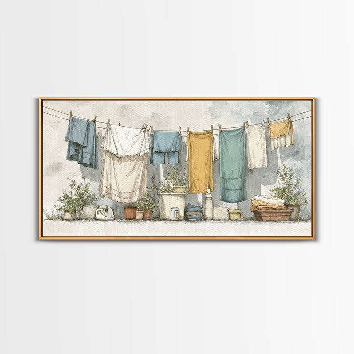 Retro Iron Illustration Framed Canvas Print, Laundry Room Art, Living Room Decor, Watercolor Art, Clean, Wall Art Print, LRA-2x1-29
