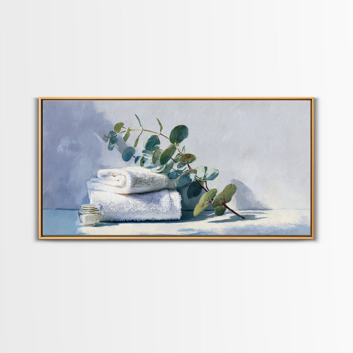Sunlit White Towels and Eucalyptus Branch Canvas Print, Laundry Room Art, Digital Print, Living Room Decor, Fine Art, Clean, LRA-2x1-31