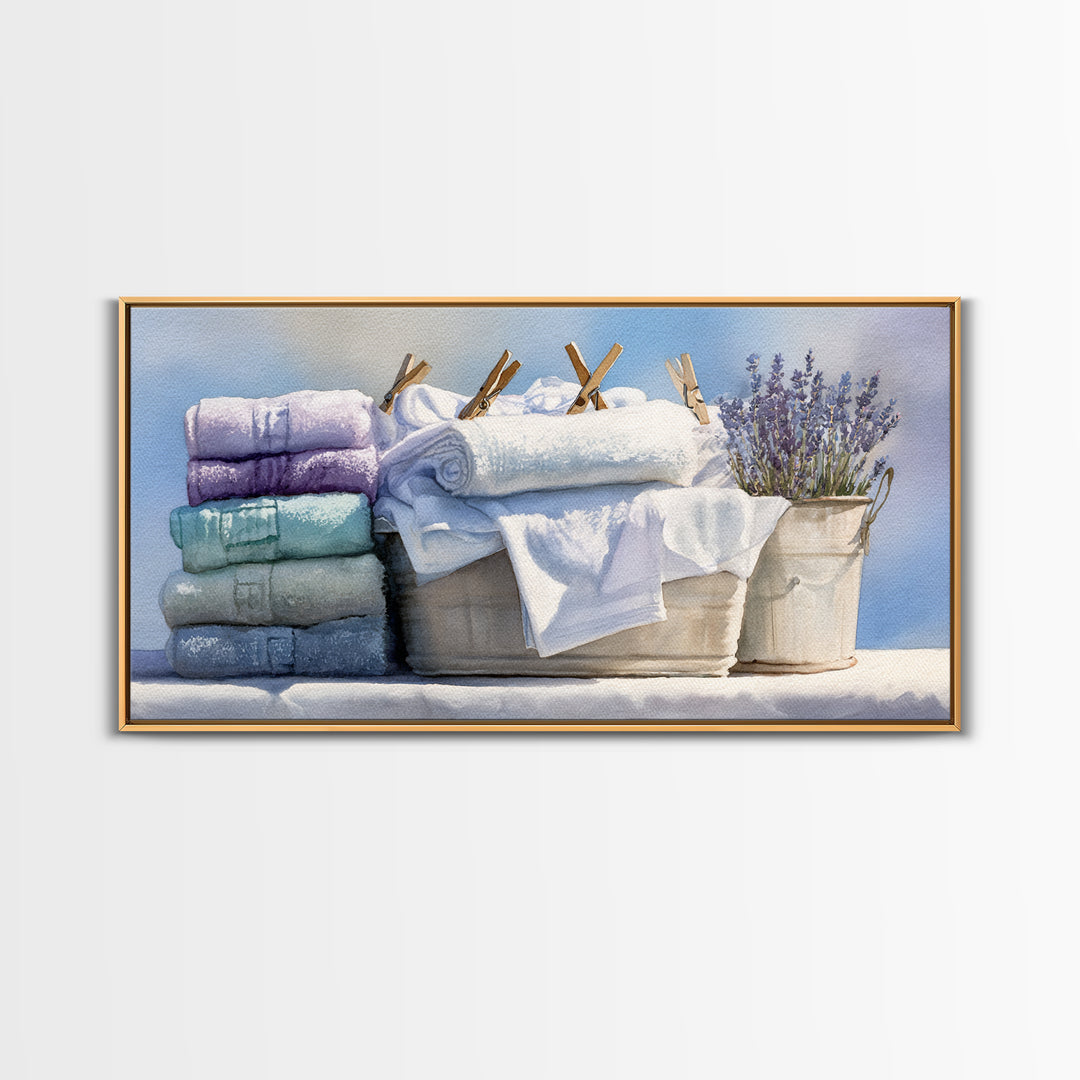 Basket of Folded Towels Framed Canvas Print, Laundry Room Art, Art Print, Living Room Decor, Fine Art, Clean, Artwork, LRA-2x1-34