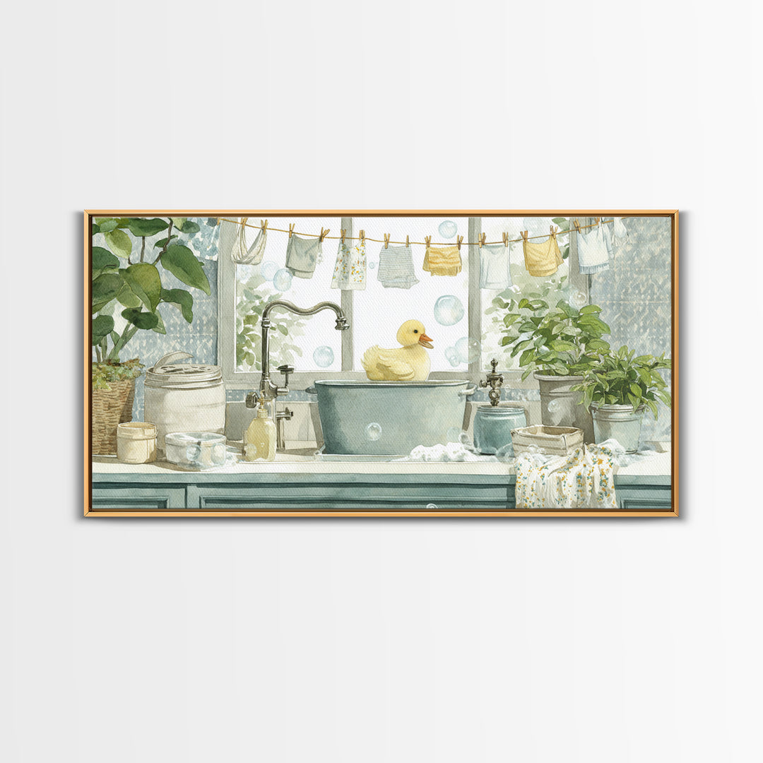 Duck and Bubbles Whimsical Watercolor Framed Canvas Print, Laundry Room Art, Living Room Decor, Oil Painting, Clean, LRA-2x1-35