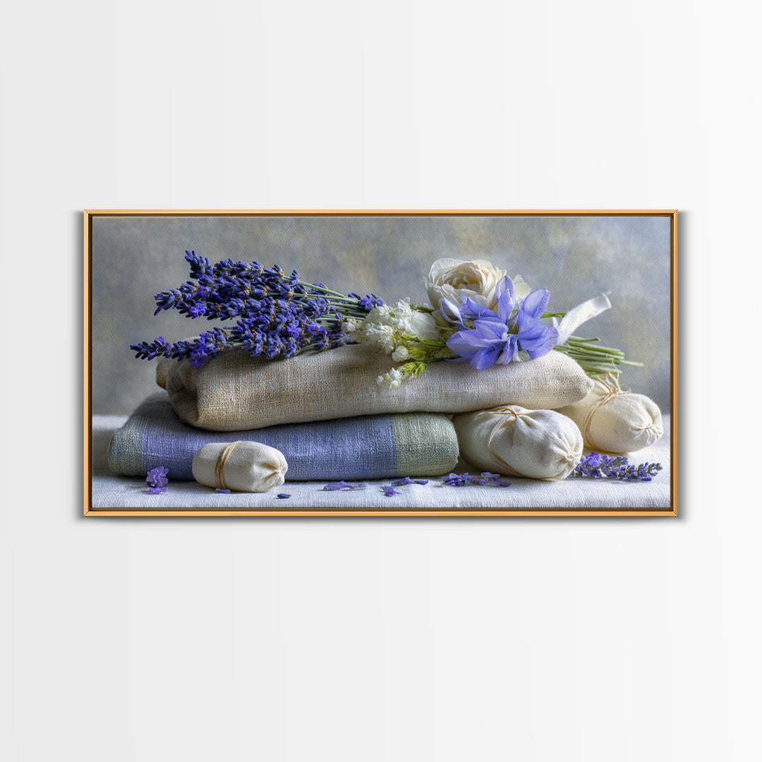 Lavender Sachet and Ribbon Still Life Framed Canvas Print, Laundry Room Art, Minimalist Decor, Living Room Decor, Clean, LRA-2x1-37