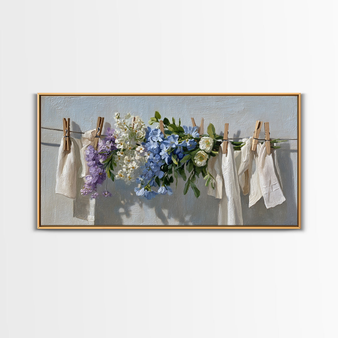 Clothespin Bouquet in Folk Art Style Framed Canvas Print, Laundry Room Art, Wall Decor, Living Room Decor, Fine Art, Clean, LRA-2x1-40