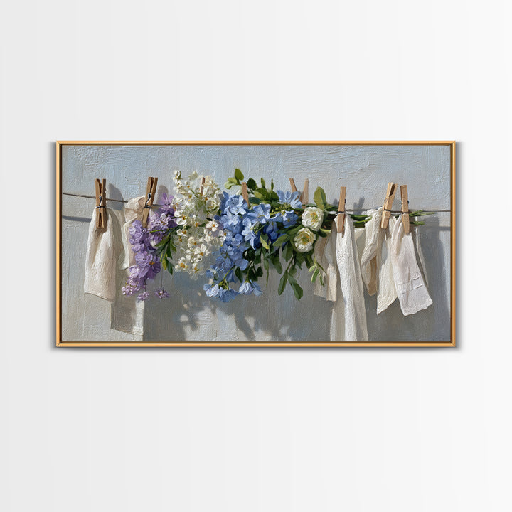 Clothespin Bouquet in Folk Art Style Framed Canvas Print, Laundry Room Art, Wall Decor, Living Room Decor, Fine Art, Clean, LRA-2x1-40