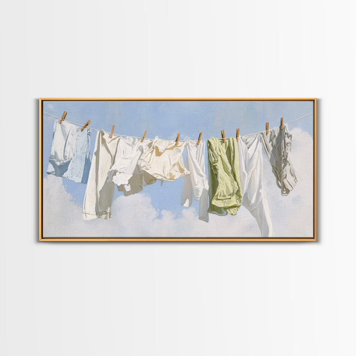 Clothesline with White Linens Blowing in Sunshine Canvas Print, Laundry Room Art, Digital Wall Art, Living Room Decor, Clean, LRA-2x1-45