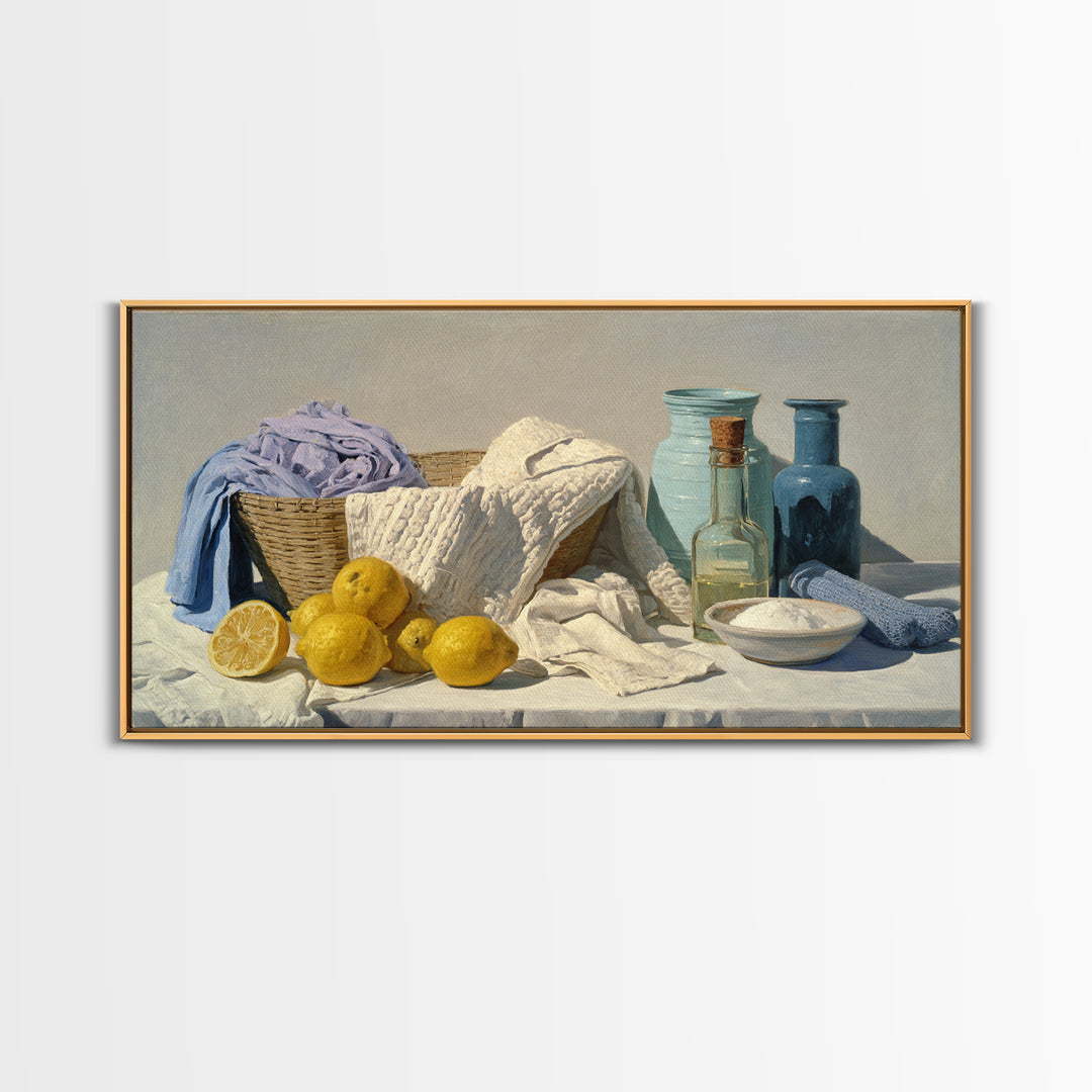 Lemon and Clean Linen Still Life Canvas Print, Laundry Room Art, Farmhouse Decor, Living Room Decor, Abstract Art, Clean, LRA-2x1-47