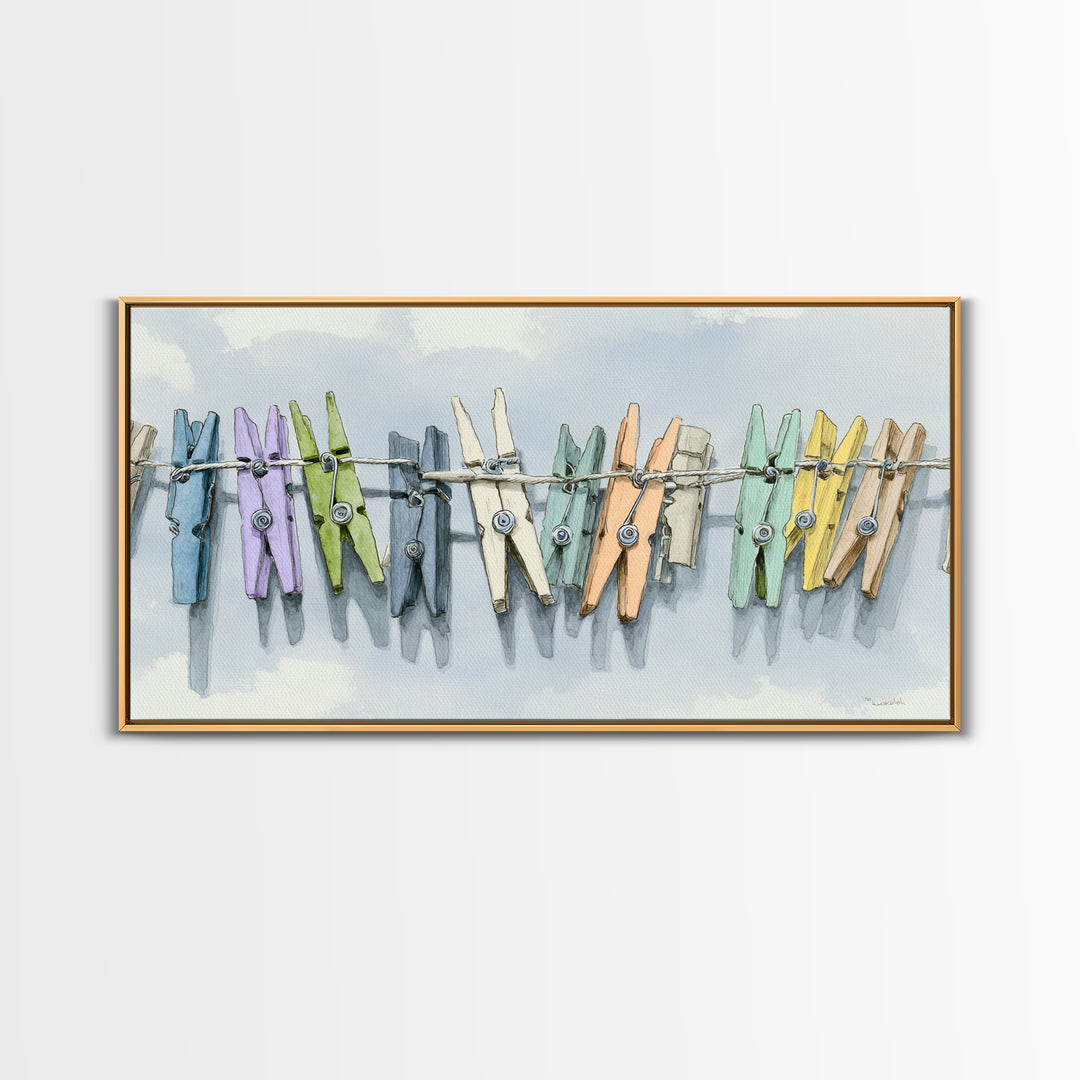 Cheerful Clothespins Arranged as Pattern Canvas Print, Laundry Room Art, Digital Art, Living Room Decor, Fine Art, Clean, LRA-2x1-48