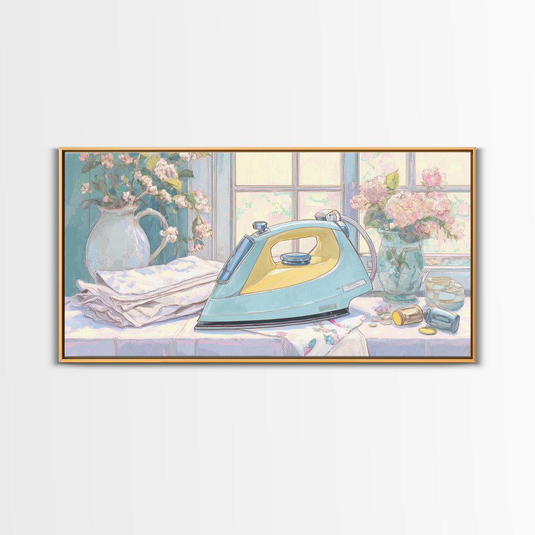 Retro Iron Illustration Framed Canvas Print, Laundry Room Art, Living Room Decor, Watercolor Art, Clean, Wall Art Print, LRA-2x1-5