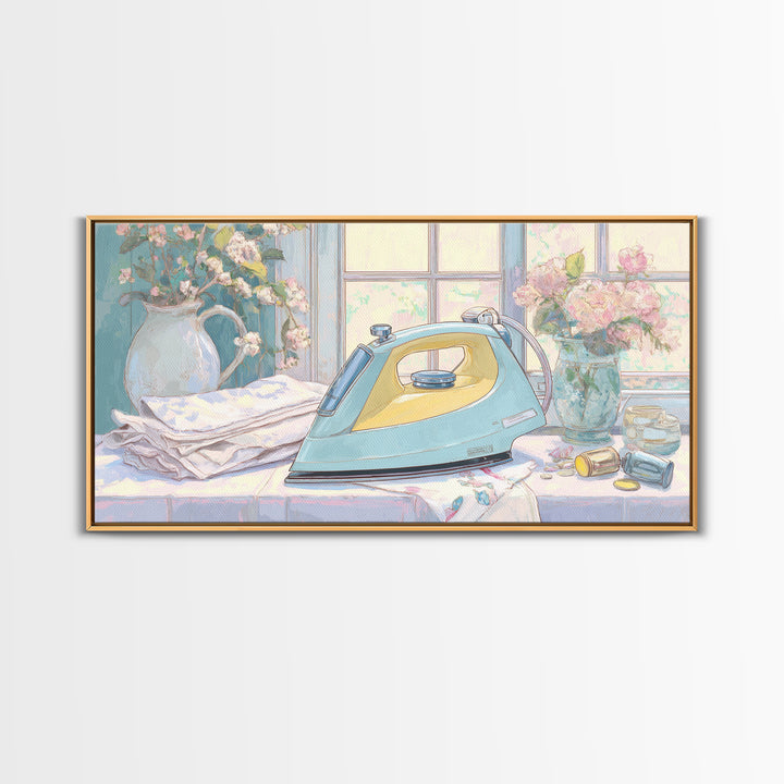 Retro Iron Illustration Framed Canvas Print, Laundry Room Art, Living Room Decor, Watercolor Art, Clean, Wall Art Print, LRA-2x1-5