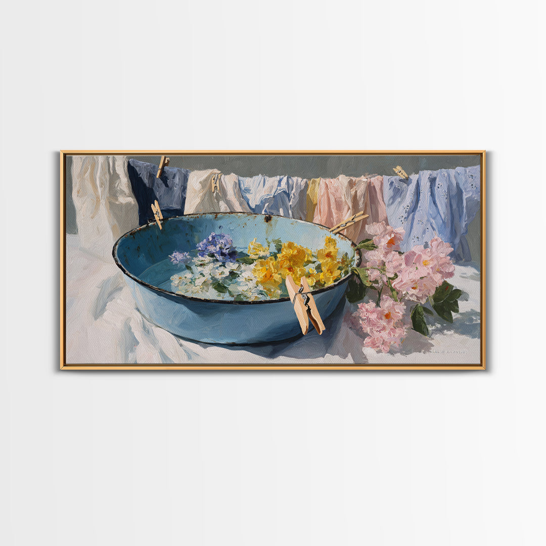 Old Enamel Basin Filled Canvas Print, Laundry Room Art, Printable Wall Art, Living Room Decor, Watercolor Art, Clean, LRA-2x1-52