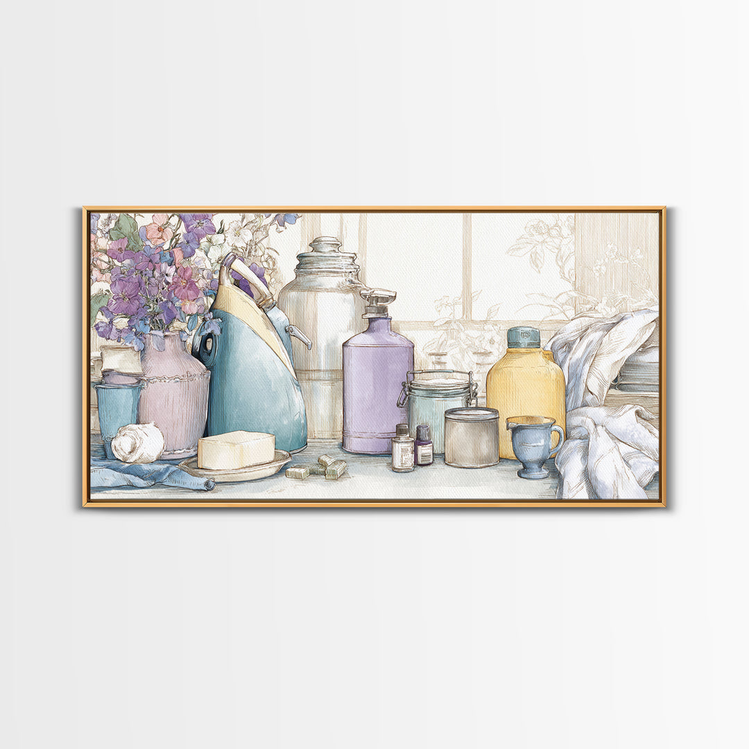 Retro Iron Illustration Canvas Print, Laundry Room Art, Digital Print, Living Room Decor, Oil Painting, Clean, Custom Wall Art, LRA-2x1-53