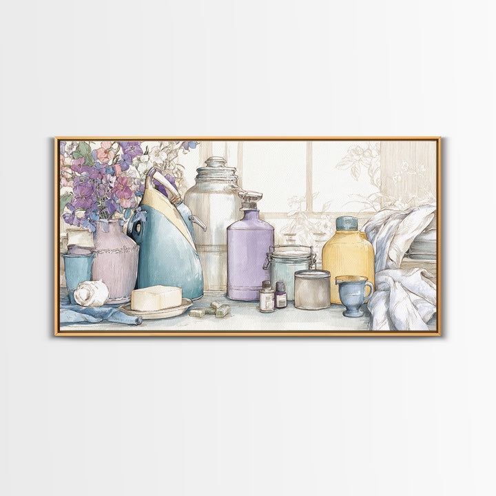 Retro Iron Illustration Canvas Print, Laundry Room Art, Digital Print, Living Room Decor, Oil Painting, Clean, Custom Wall Art, LRA-2x1-53