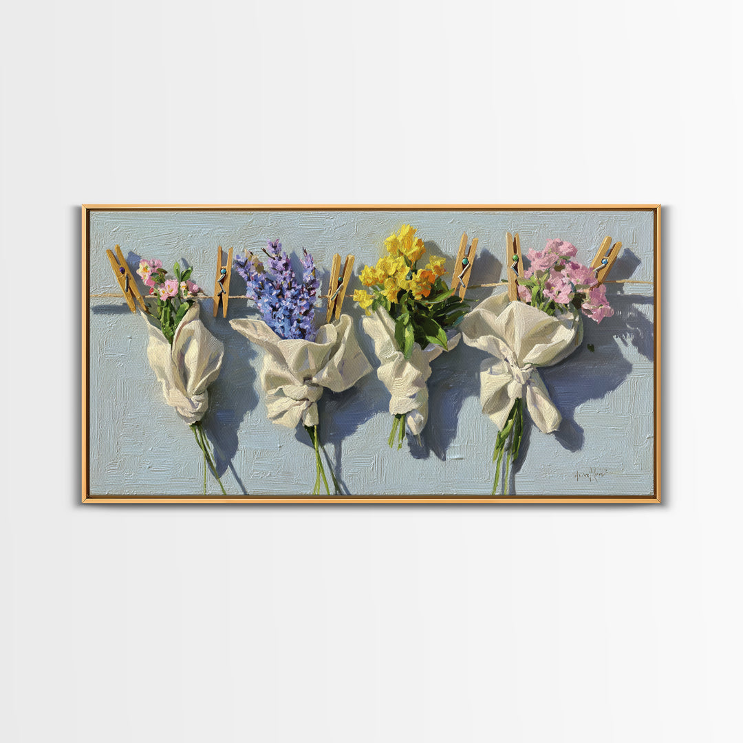 Clothespin Bouquet in Folk Art Style Canvas Print, Laundry Room Art, Artwork, Living Room Decor, Clean, Minimalist Wall Art, LRA-2x1-64