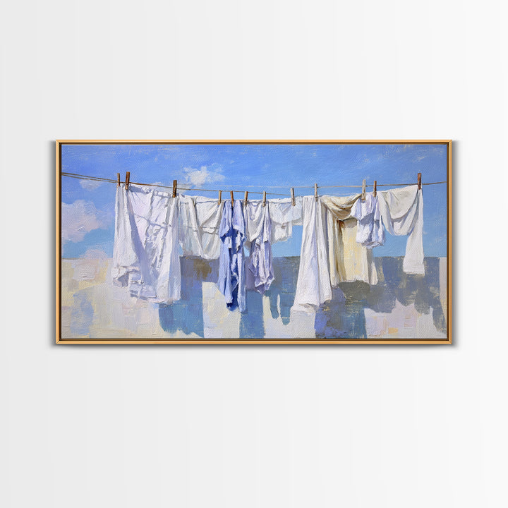 Clothesline with White Linens Blowing in Sunshine Canvas Print, Laundry Room Art, Farmhouse Decor, Living Room Decor, Clean, LRA-2x1-69