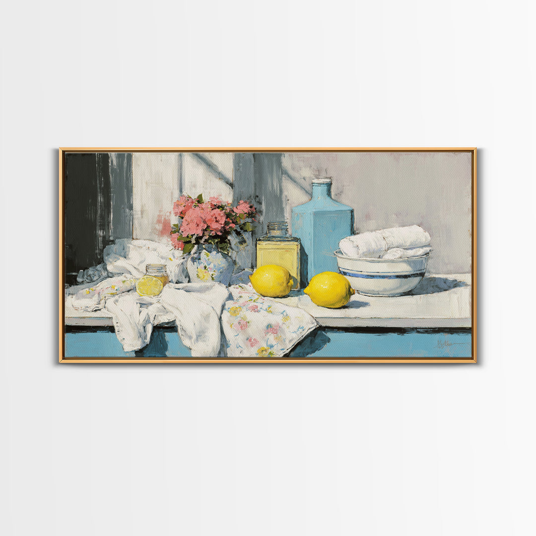 Lemon and Clean Linen Still Life Canvas Print, Laundry Room Art, Downloadable Art, Living Room Decor, Fine Art, Clean, LRA-2x1-71