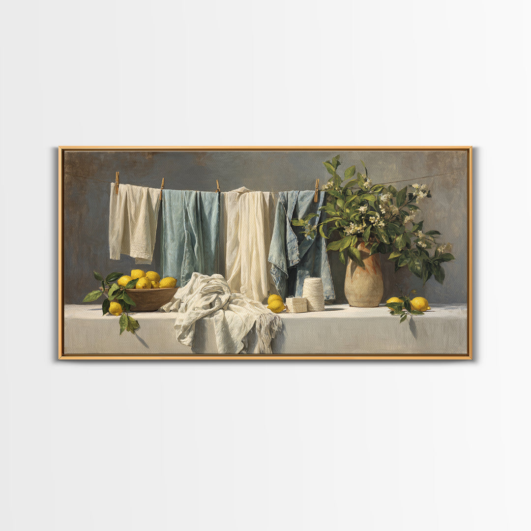 Lemon and Clean Linen Still Life Framed Canvas Print, Laundry Room Art, Digital Art Print, Living Room Decor, Fine Art, Clean, LRA-2x1-95