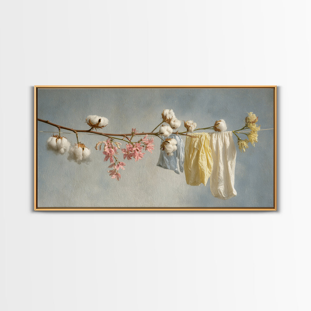 Fresh Cotton Branch Botanical Study Framed Canvas Print, Laundry Room Art, Wall Art Print, Living Room Decor, Watercolor Art, LRA-2x1-99