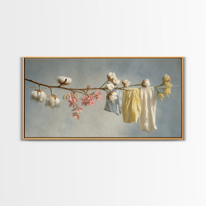 Fresh Cotton Branch Botanical Study Framed Canvas Print, Laundry Room Art, Wall Art Print, Living Room Decor, Watercolor Art, LRA-2x1-99
