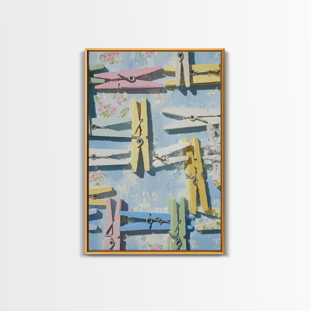 Cheerful Clothespins Arranged as Pattern Framed Canvas Print, Laundry Room Art, Minimalist Decor, Living Room Decor, LRA-2x3-12