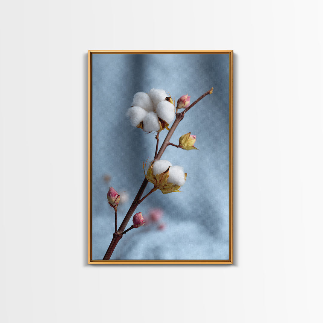 Fresh Cotton Branch Botanical Study Canvas Print, Laundry Room Art, Gallery Decor, Living Room Decor, Oil Painting, Clean, LRA-2x3-15