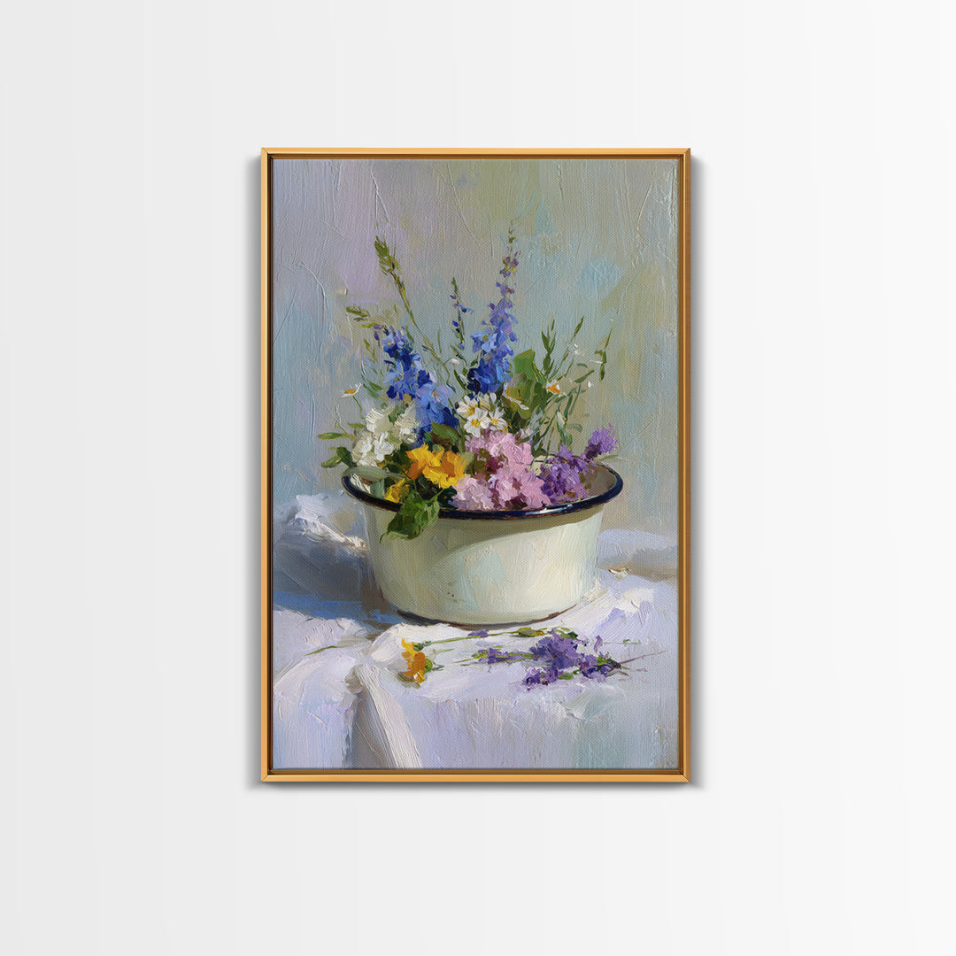 Old Enamel Basin Filled Canvas Print, Laundry Room Art, Whimsical Art, Living Room Decor, Fine Art, Clean, Statement Artwork, LRA-2x3-16
