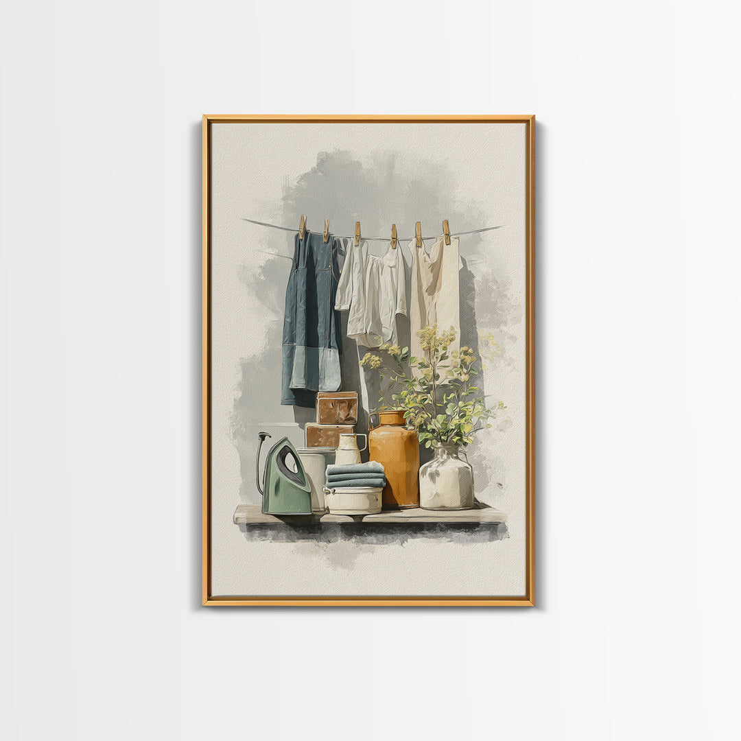 Retro Iron Illustration Framed Canvas Print, Laundry Room Art, Printable Wall Art, Living Room Decor, Abstract Art, Clean, LRA-2x3-17
