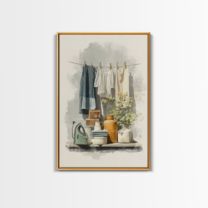 Retro Iron Illustration Framed Canvas Print, Laundry Room Art, Printable Wall Art, Living Room Decor, Abstract Art, Clean, LRA-2x3-17