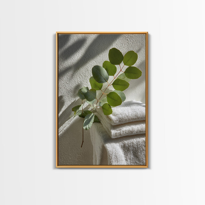 Sunlit White Towels and Eucalyptus Branch Framed Canvas Print, Laundry Room Art, Neutral Decor, Living Room Decor, LRA-2x3-19
