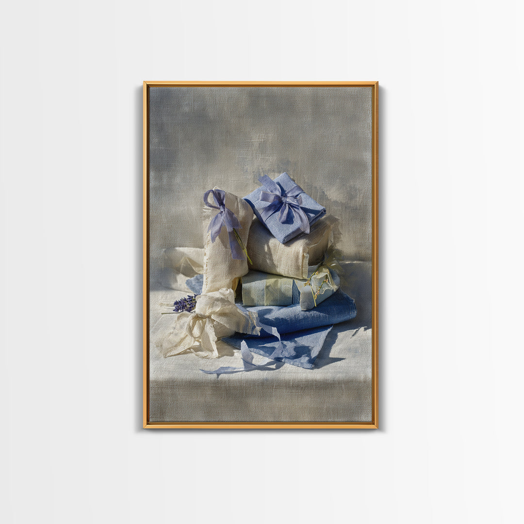 Lavender Sachet and Ribbon Still Life Framed Canvas Print, Laundry Room Art, Home Decor, Living Room Decor, Fine Art, Clean, LRA-2x3-25