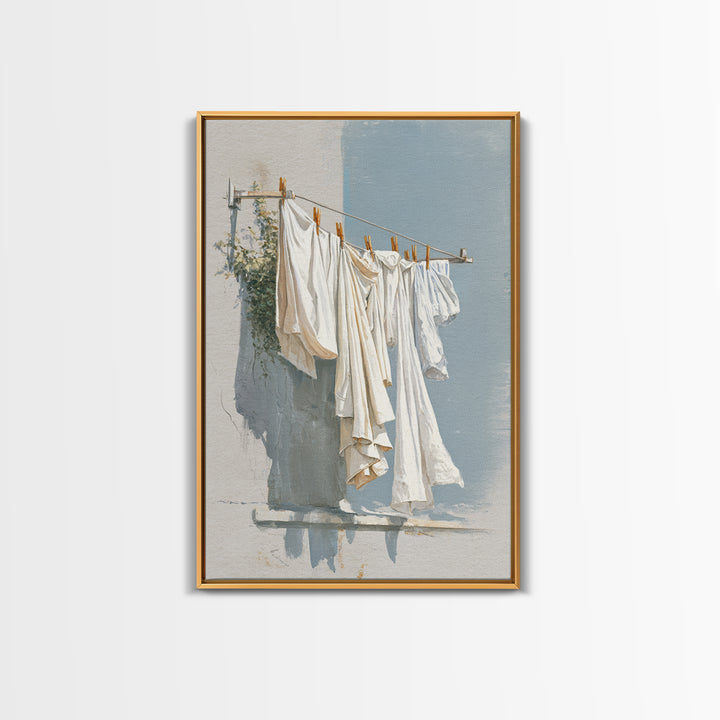 Clothesline with White Linens Blowing in Sunshine Canvas Print, Laundry Room Art, Digital Print, Living Room Decor, Clean, LRA-2x3-33
