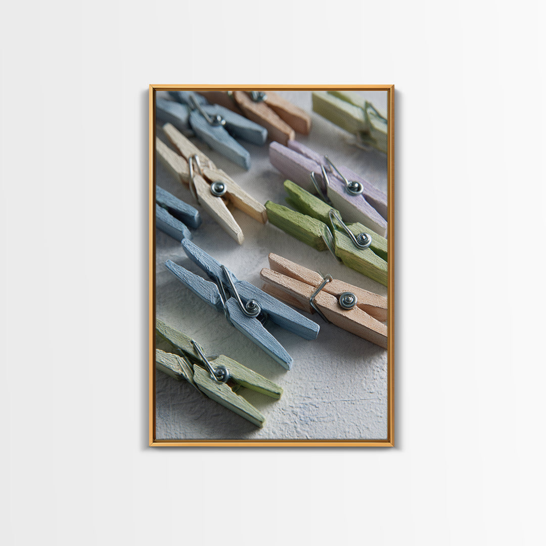 Cheerful Clothespins Arranged as Pattern Canvas Print, Laundry Room Art, Farmhouse Wall Art, Living Room Decor, Clean, LRA-2x3-36