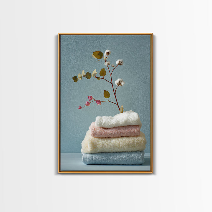 Sunlit White Towels and Eucalyptus Branch Framed Canvas Print, Laundry Room Art, Contemporary Art, Living Room Decor, Clean, LRA-2x3-43