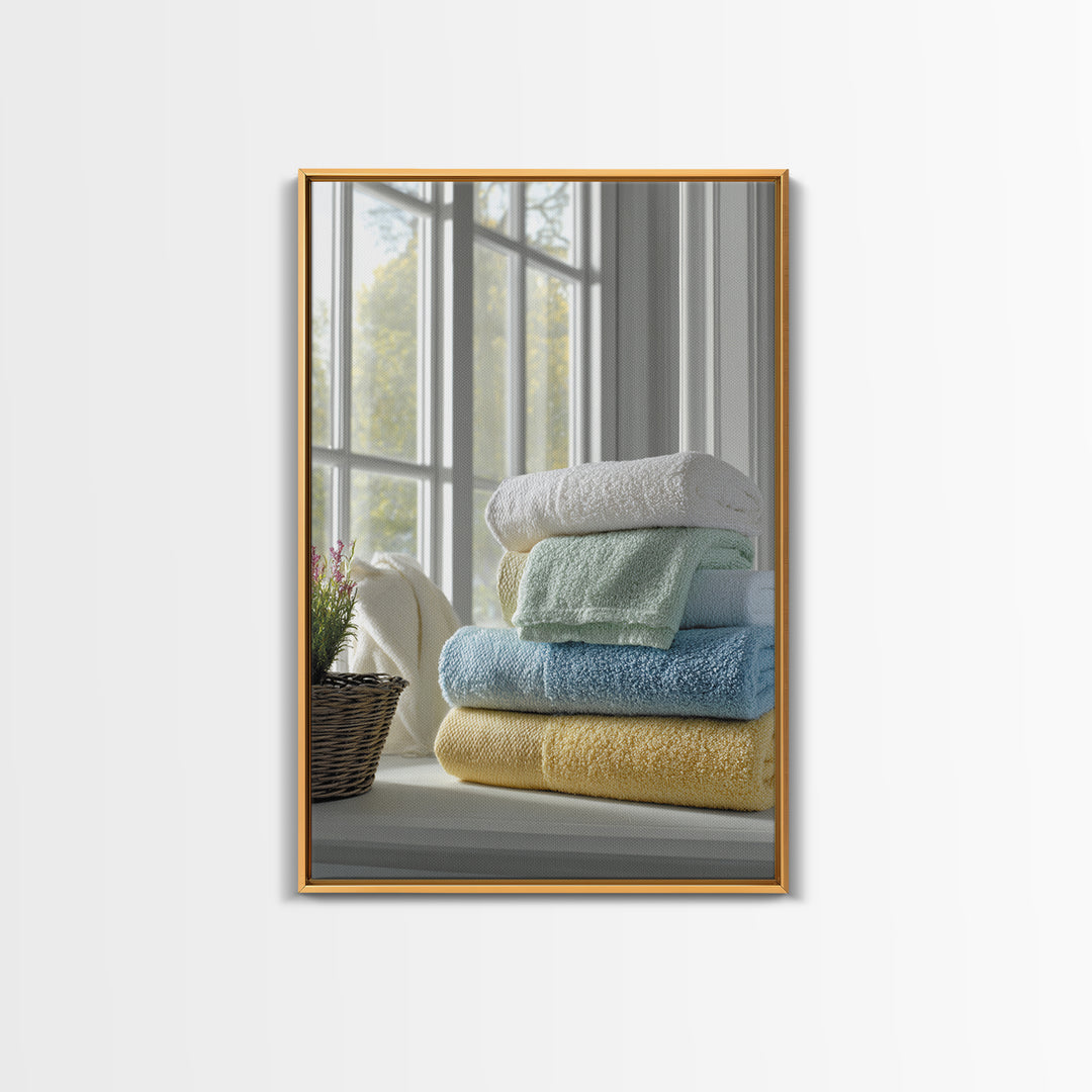 Basket of Folded Towels Framed Canvas Print, Laundry Room Art, Textured Painting, Living Room Decor, Fine Art, Clean, LRA-2x3-46