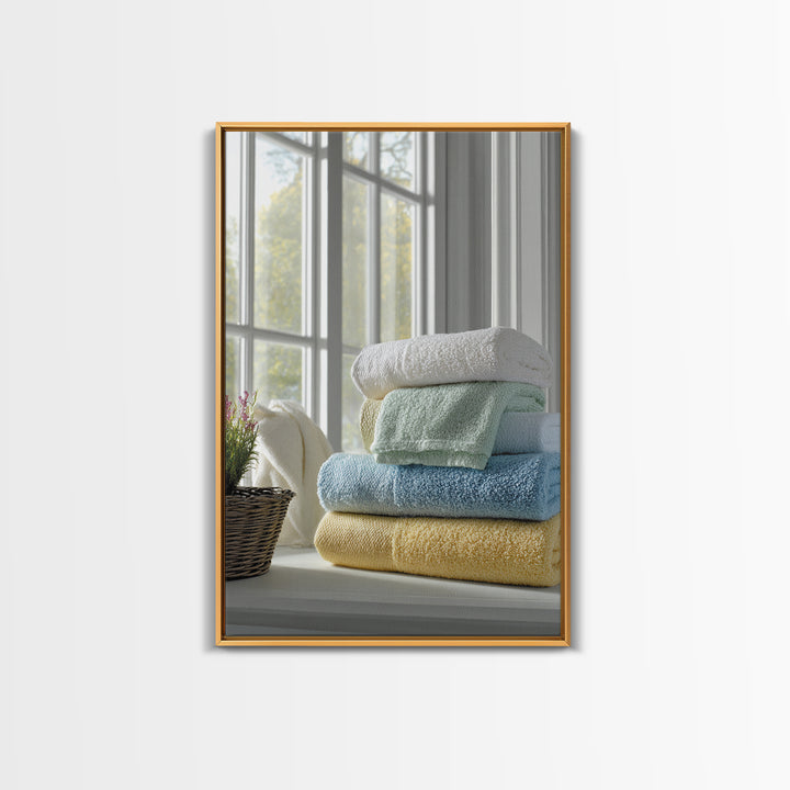 Basket of Folded Towels Framed Canvas Print, Laundry Room Art, Textured Painting, Living Room Decor, Fine Art, Clean, LRA-2x3-46