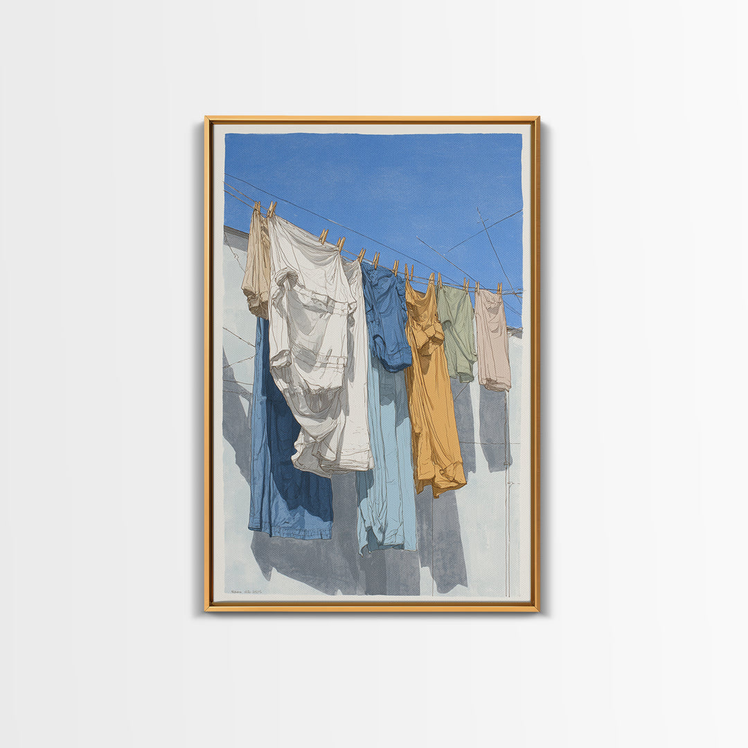 Simple Line Drawing of Hanging Laundry Framed Canvas Print, Laundry Room Art, Boho Decor, Living Room Decor, Abstract Art, LRA-2x3-48