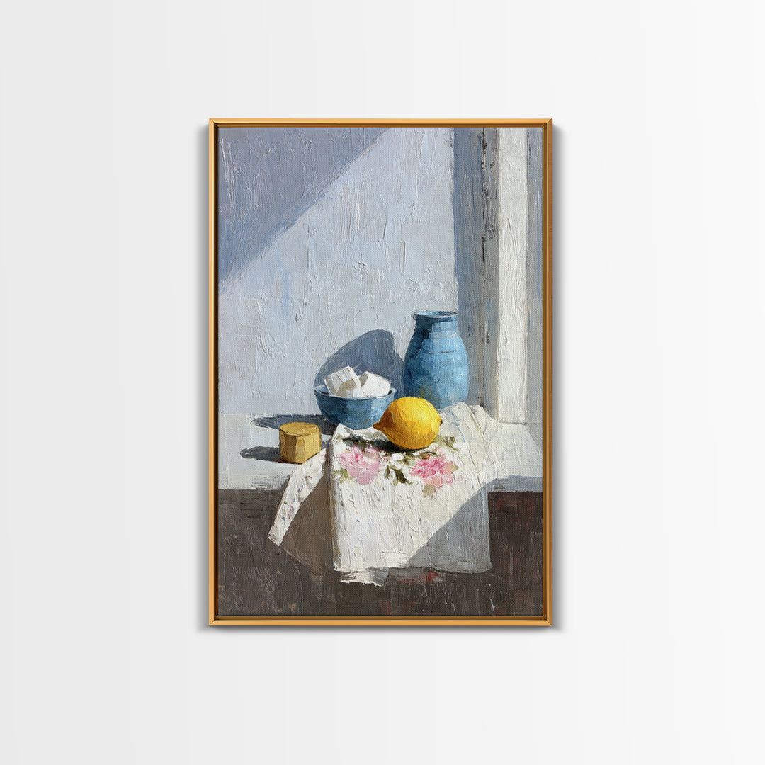 Lemon and Clean Linen Still Life Framed Canvas Print, Laundry Room Art, Digital Art, Living Room Decor, Abstract Art, Clean, LRA-2x3-59