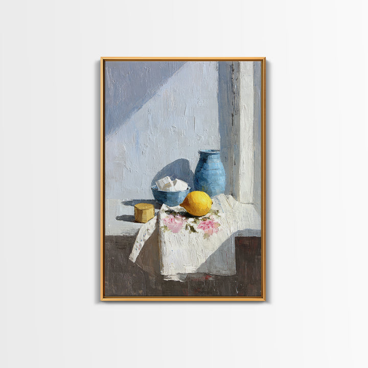 Lemon and Clean Linen Still Life Framed Canvas Print, Laundry Room Art, Digital Art, Living Room Decor, Abstract Art, Clean, LRA-2x3-59