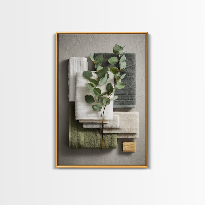 Sunlit White Towels and Eucalyptus Branch Canvas Print, Laundry Room Art, Oil Painting, Living Room Decor, Fine Art, Clean, LRA-2x3-67