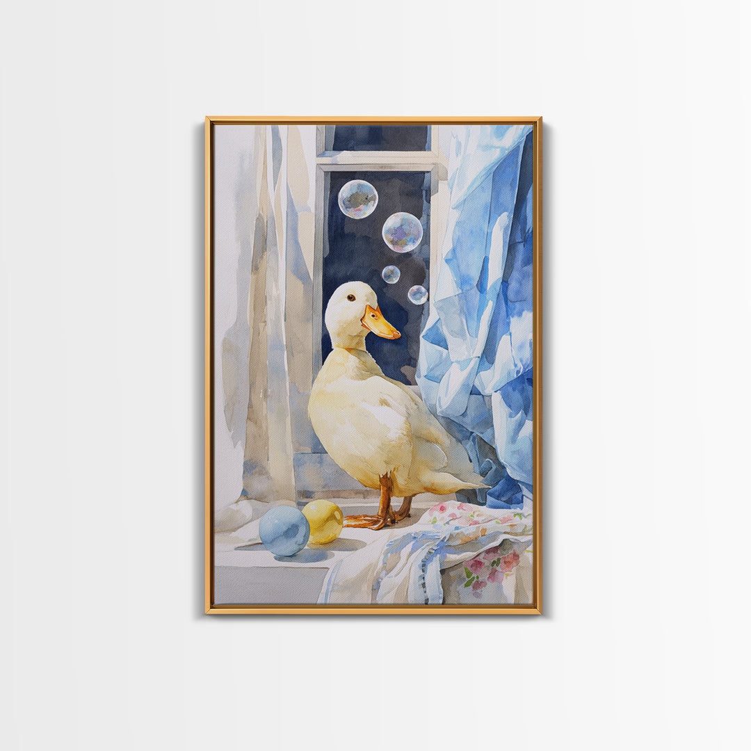 Duck and Bubbles Whimsical Watercolor Canvas Print, Laundry Room Art, Digital Wall Art, Living Room Decor, Fine Art, Clean, LRA-2x3-71