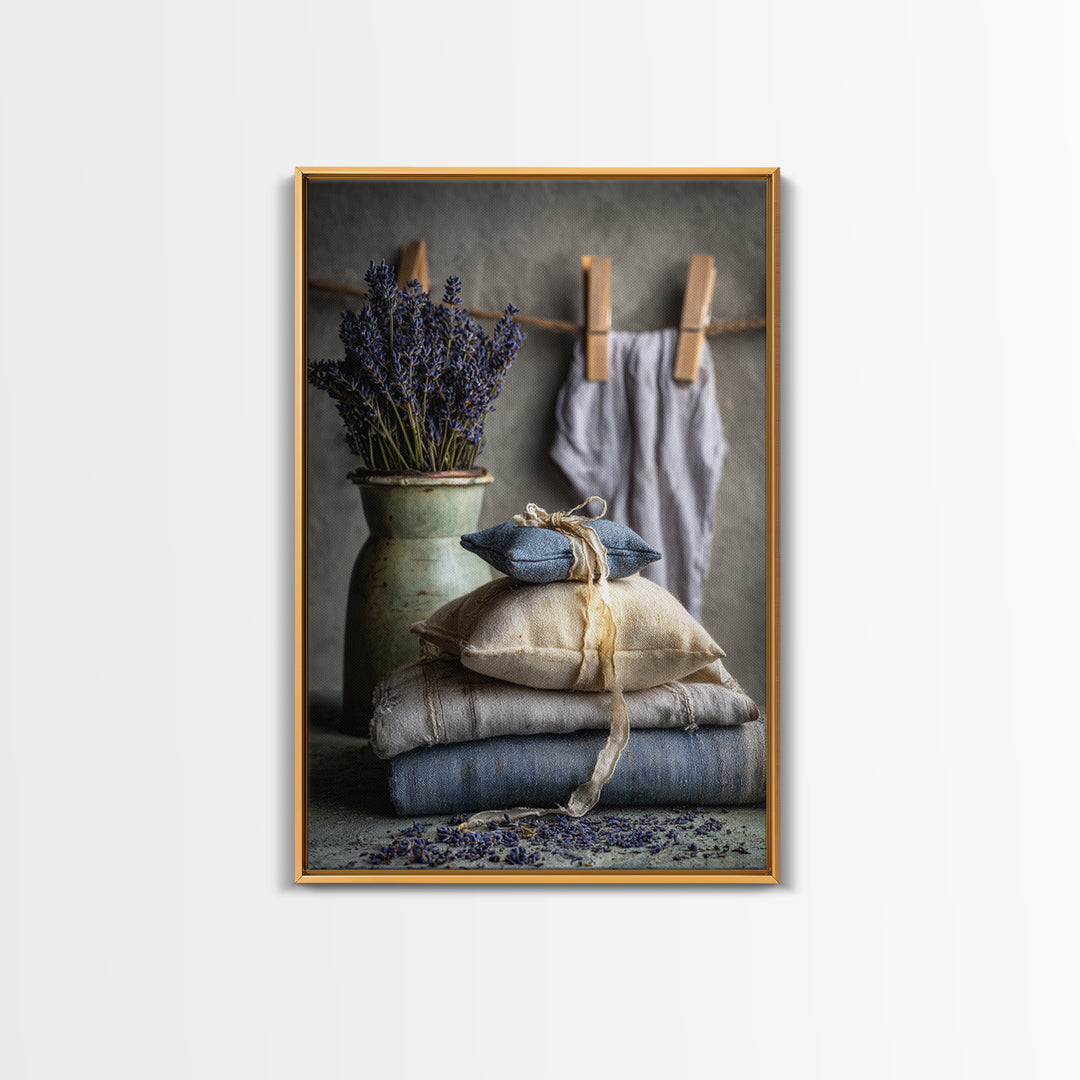 Lavender Sachet and Ribbon Still Life Framed Canvas Print, Laundry Room Art, Farmhouse Decor, Living Room Decor, Clean, LRA-2x3-73