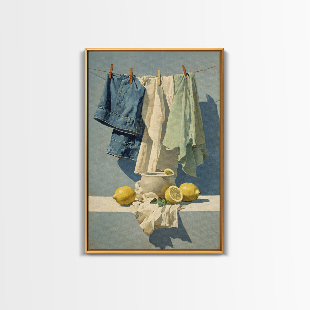 Lemon and Clean Linen Still Life Framed Canvas Print, Laundry Room Art, Wall Art Print, Living Room Decor, Fine Art, Clean, LRA-2x3-83