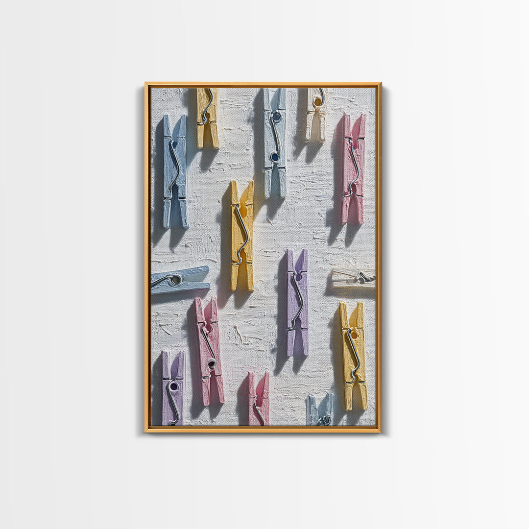 Cheerful Clothespins Arranged as Pattern Framed Canvas Print, Laundry Room Art, Downloadable Art, Living Room Decor, Clean, LRA-2x3-84